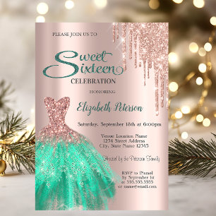 Rose Gold Green Dress Sweet 16 Invitation