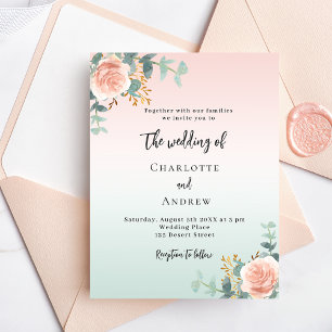 Rose gold green florals budget wedding invitation