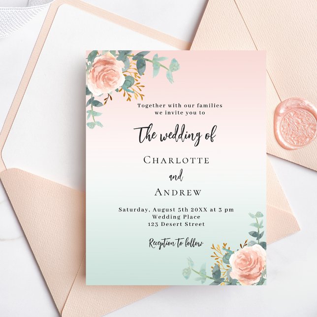Rose gold green florals budget wedding invitation (Creator Uploaded)