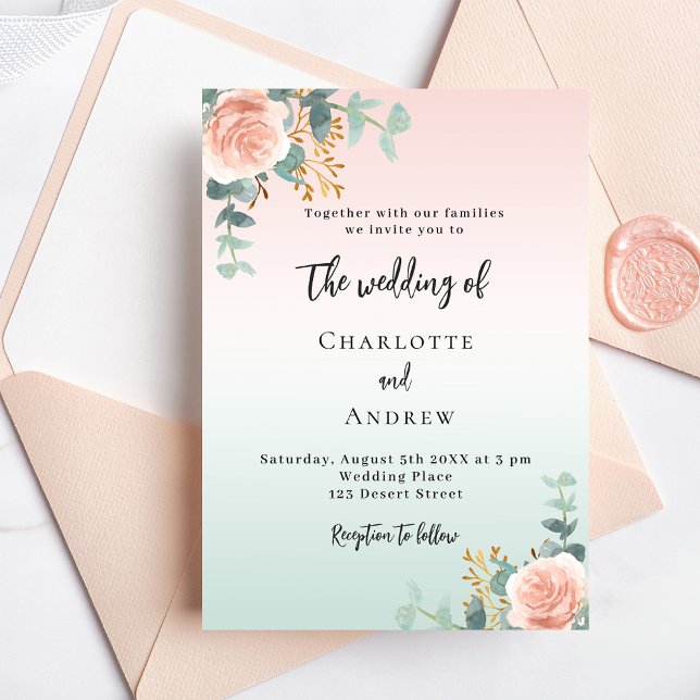 Rose gold green florals wedding invitation (Creator Uploaded)