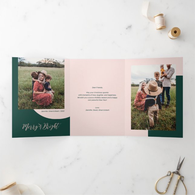 Rose gold & Green | Merry & Bright Christmas Photo Tri-Fold Holiday Card (Inside)