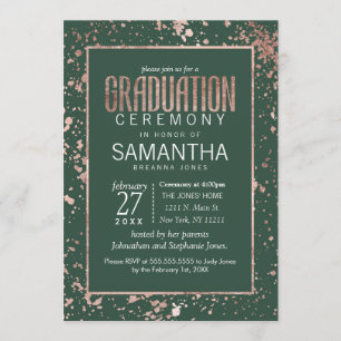 Rose Gold Green Paint Splatters Graduation Invitation