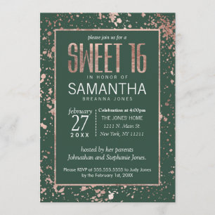 Rose Gold Green Paint Splatters Sweet 16 Invitation