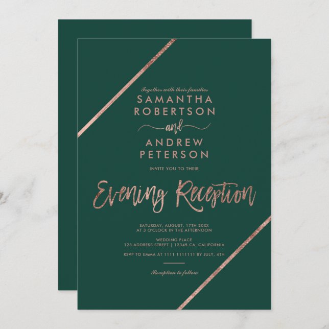 Rose gold green typography evening wedding invitation (Front/Back)