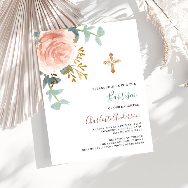 Rose gold greenery cross budget baptism invitation (Creator Uploaded)