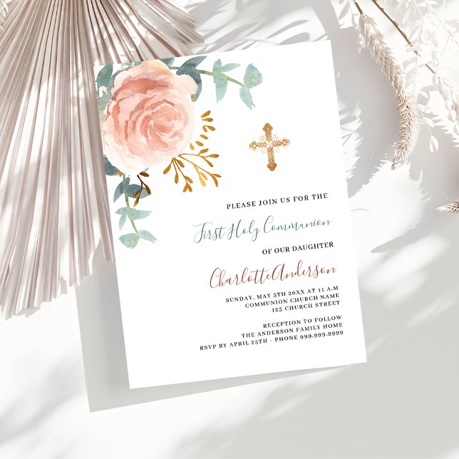 Rose gold greenery cross first holy communion invitation postcard (Creator Uploaded)