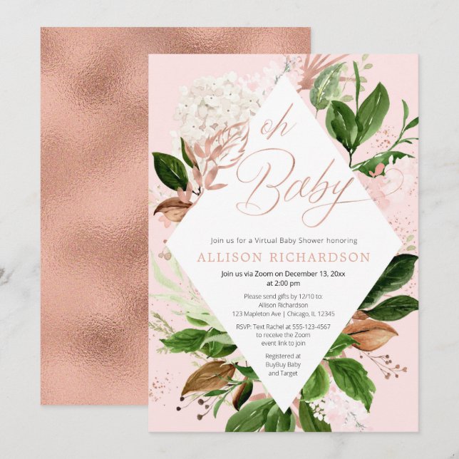 Rose gold greenery floral Virtual Baby Shower girl Invitation (Front/Back)