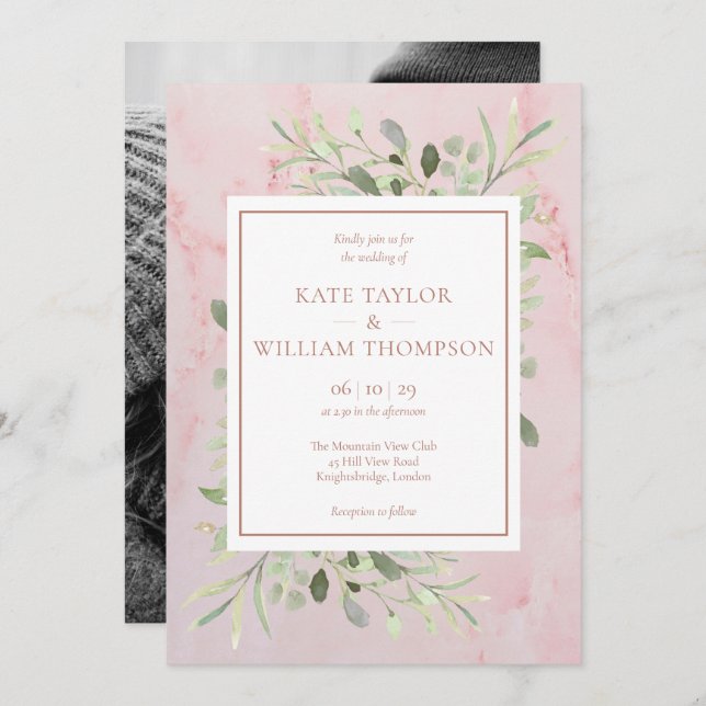 Rose Gold Greenery Leaves Photo Wedding Invitation (Front/Back)