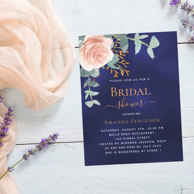 Rose gold greenery navy blue Bridal Shower Invitation Postcard (Creator Uploaded)