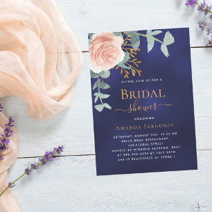 Rose gold greenery navy blue luxury Bridal Shower Invitation