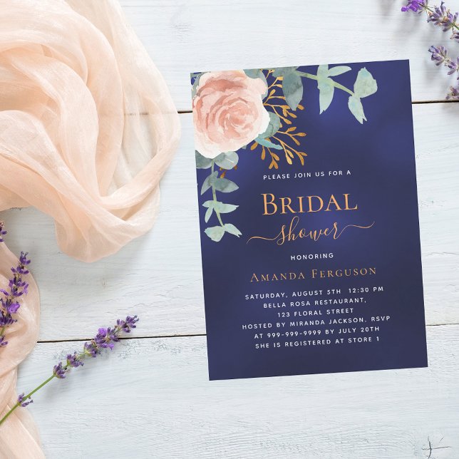 Rose gold greenery navy blue luxury Bridal Shower Invitation (Creator Uploaded)