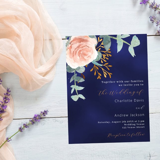 Rose gold greenery navy blue wedding invitation postcard (Creator Uploaded)