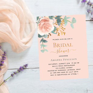 Rose gold greenery peach Bridal Shower Invitation Postcard