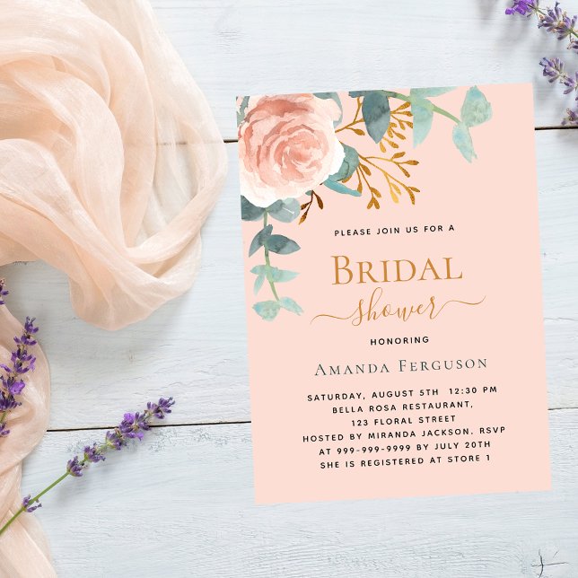 Rose gold greenery peach luxury Bridal Shower Invitation (Creator Uploaded)