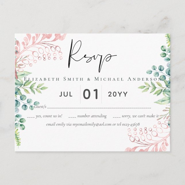 Rose Gold Greenery Wedding RSVP MENU Postcard (Front)