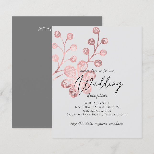 Rose Gold Grey Botanical Wedding RECEPTION (Front/Back)