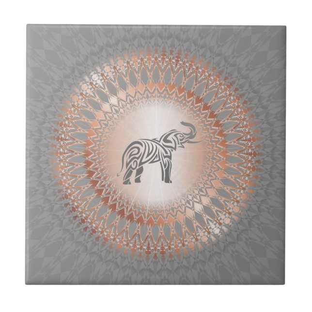 Rose Gold Grey Elephant Mandala Ceramic Tile (Front)