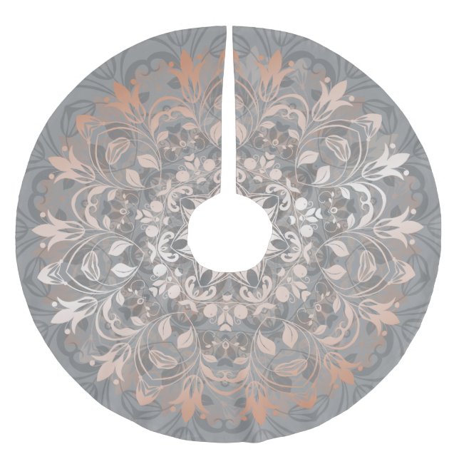 Rose Gold Grey Floral Mandala Brushed Polyester Tr Tree Skirt (Front)