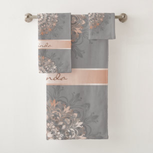 Rose Gold Grey   Floral Mandala   Monogram Bath Towel Set