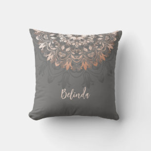 Rose Gold  Grey Floral Mandala Monogram Cushion