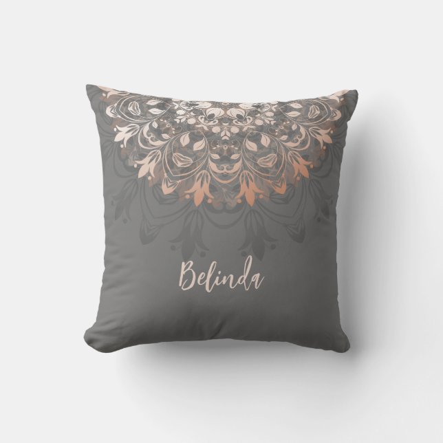 Rose Gold  Grey Floral Mandala Monogram Cushion (Front)