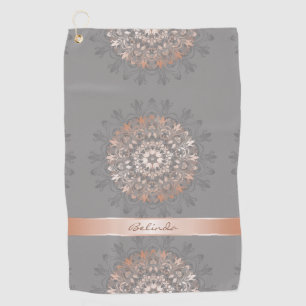 Rose Gold Grey Floral Mandala Monogram Golf Towel