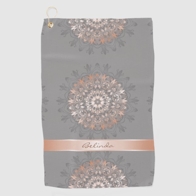Rose Gold Grey Floral Mandala Monogram Golf Towel (Front)