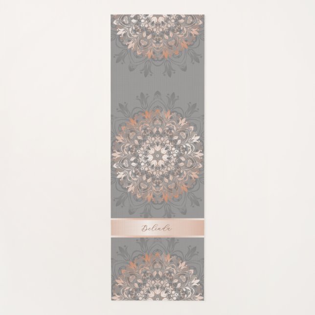 Rose Gold Grey Floral Mandala Monogram  Yoga Mat (Front)
