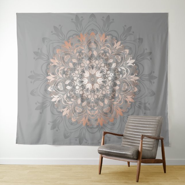 Rose Gold Grey Floral Mandala Tapestry (In Situ (Horizontal))