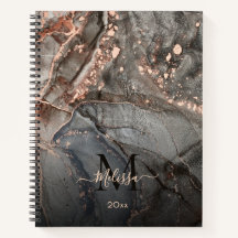 Rose Gold Grey Ink Marble Monogram 