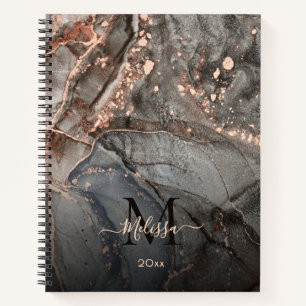 Rose Gold Grey Ink Marble Monogram  Notebook