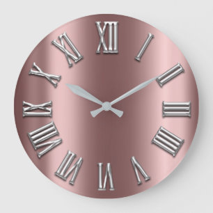 Rose Gold Grey Metal Grey Silver Roman Number Large Clock