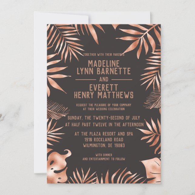 Rose Gold & Grey Palm Leaves Wedding Invitation (Front)