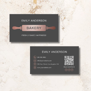 Rose Gold Grey Rolling Pin Bakery QR Code Business Card