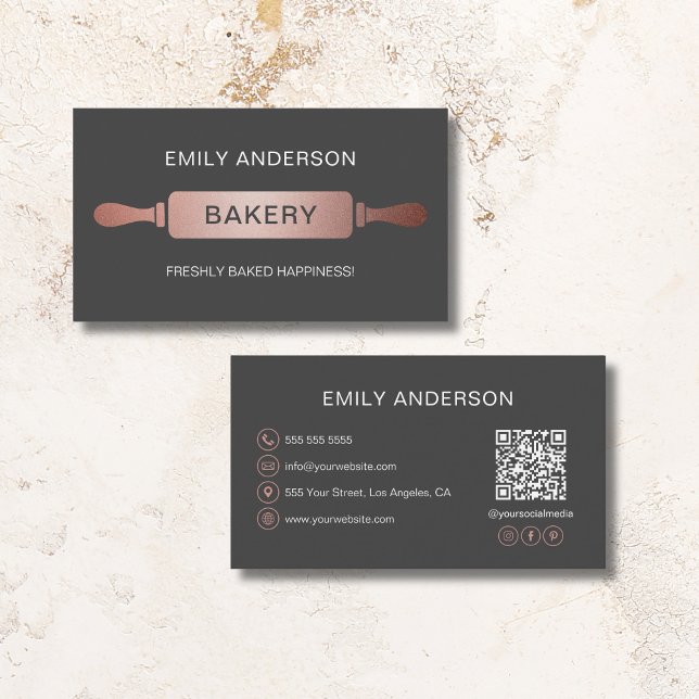Rose Gold Grey Rolling Pin Bakery QR Code Business Card (Rose Gold Gray Rolling Pin Bakery QR Code Business Card)