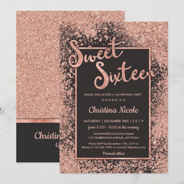 Rose Gold Grey Sweet 16, Trendy Glitter Invitation (Front/Back)
