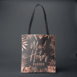 Rose Gold & Grey Tropical Palm Leaf Maid of Honour Tote Bag<br><div class="desc">Rose Gold & Grey Tropical Palm Leaves Chic Rose Gold Modern Typography with Customisable Background Colour! Choose any custom colour by clicking the "customise further" link below the text personalisation areas. Scroll down on the right side of the editor past the text and images and pick from the colours or...</div>