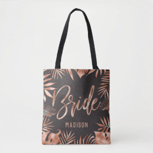 Rose Gold & Grey Tropical Palm Leaves Bride Tote Bag
