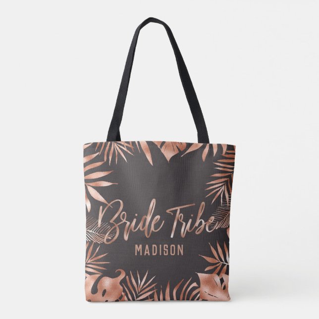 Rose Gold & Grey Tropical Palm Leaves Bride Tribe Tote Bag (Back)
