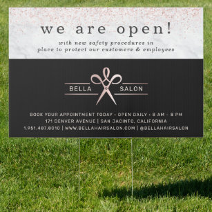 Rose Gold Hair Salon Grand Reopening Covid Safety Garden Sign