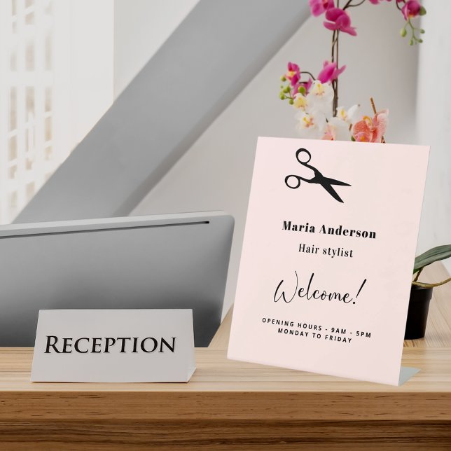 Rose gold hair stylist opening hours welcome pedestal sign (Creator Uploaded)