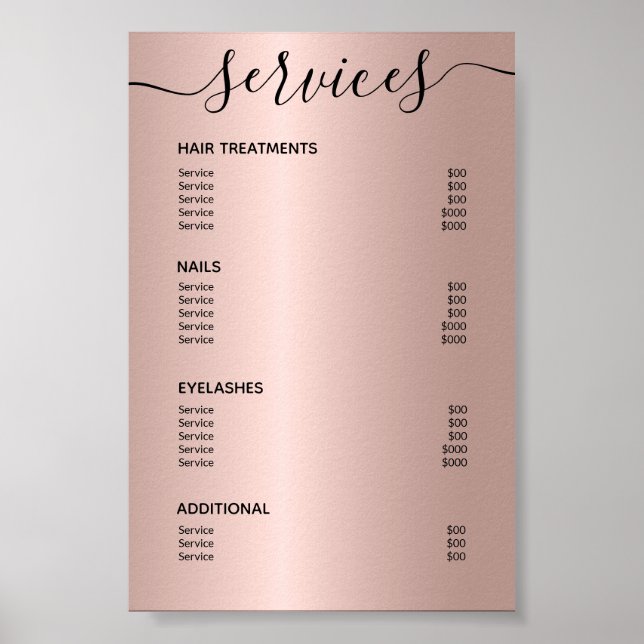 Rose Gold Hair Stylist Price List Service Menu Poster (Front)