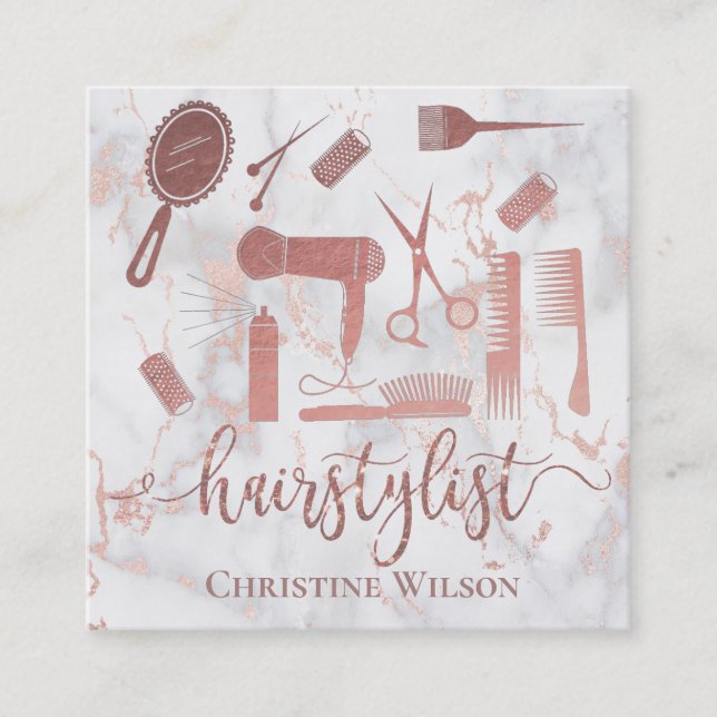 rose gold hairstylist icons on marble square business card (Front)