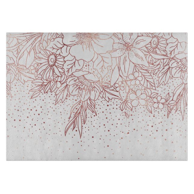 Rose gold hand drawn floral doodles and confetti cutting board (Front)