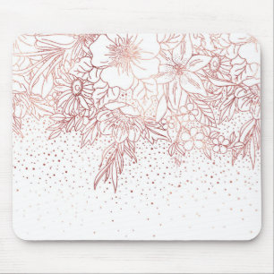 Rose gold hand drawn floral doodles and confetti mouse mat