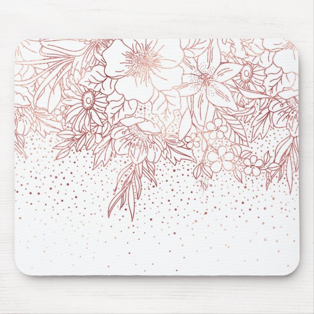Rose gold hand drawn floral doodles and confetti mouse mat (Front)