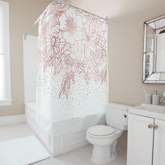 Rose gold hand drawn floral doodles and confetti shower curtain (In Situ)