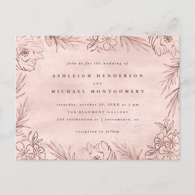 Rose Gold Hand-drawn Foliage Watercolor Wedding Invitation Postcard (Front)