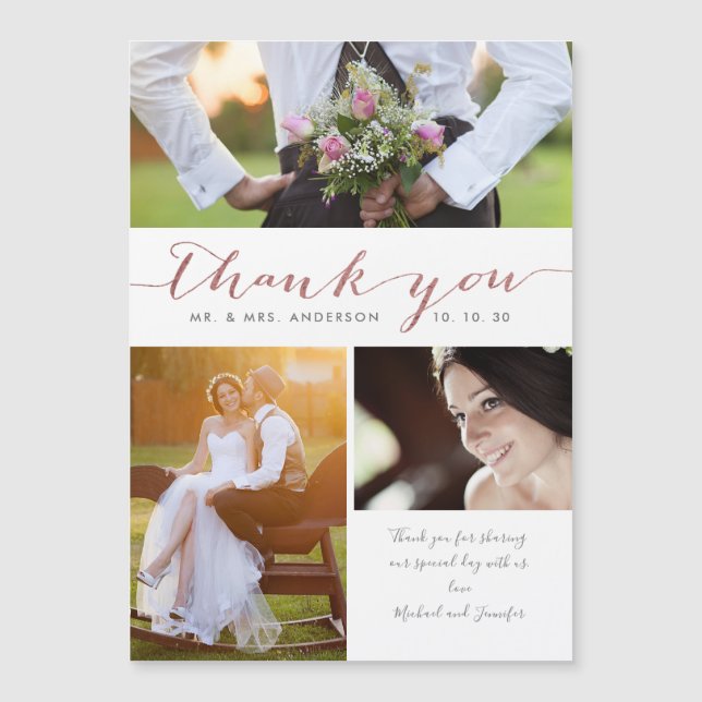 Rose Gold Hand Lettered 3 Photo Wedding Thank You (Front)