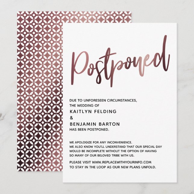Rose Gold Handwriting Postponed Wedding Card (Front/Back)